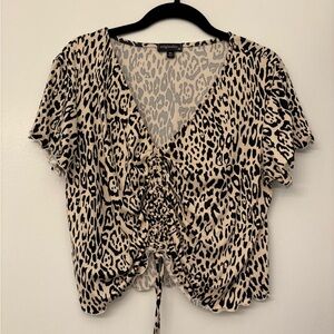 Cheetah Print Ruched Top with Lettuce Trim